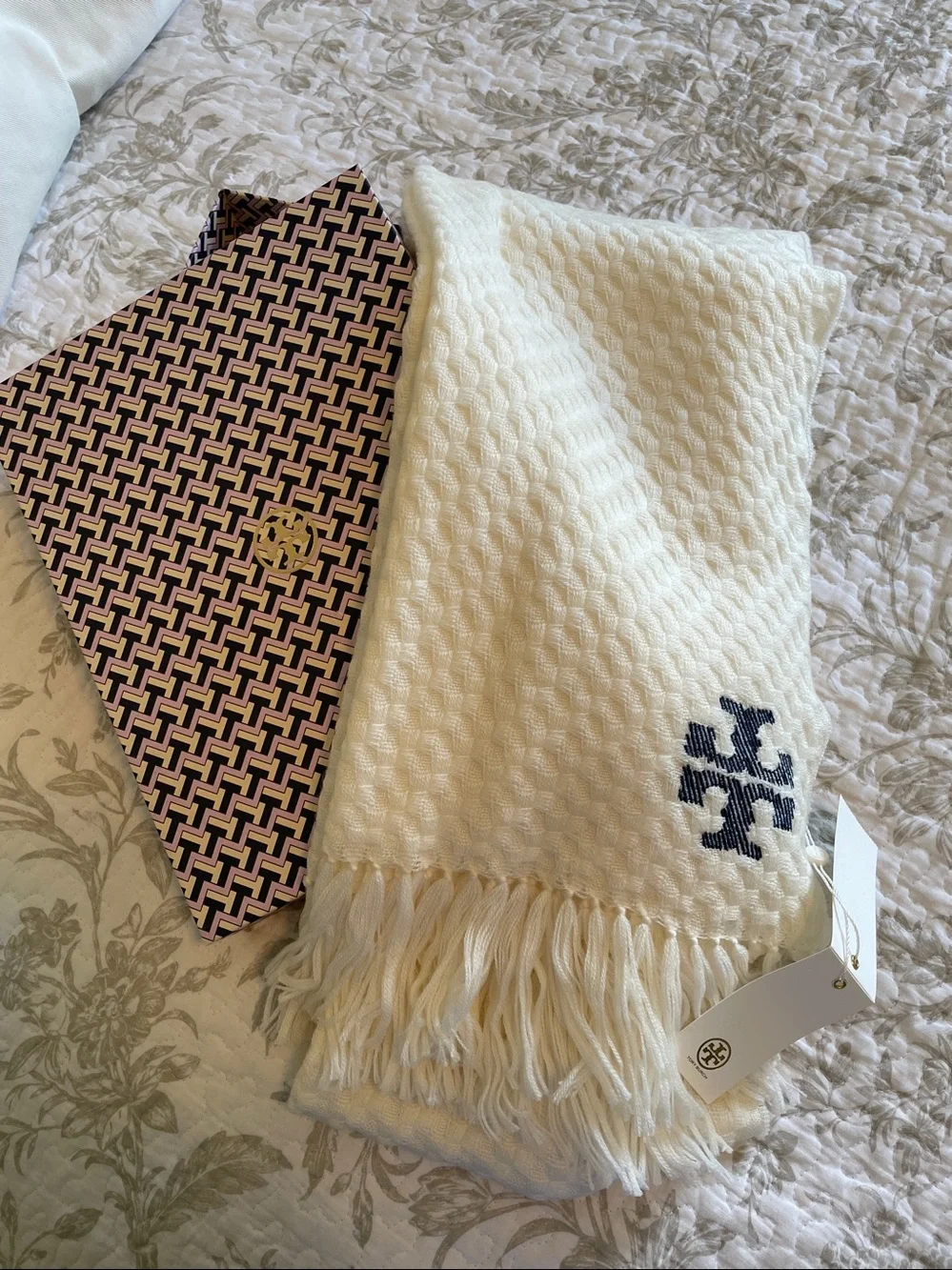 Tory Burch Cream Knit Fringe Throw with Navy Logo